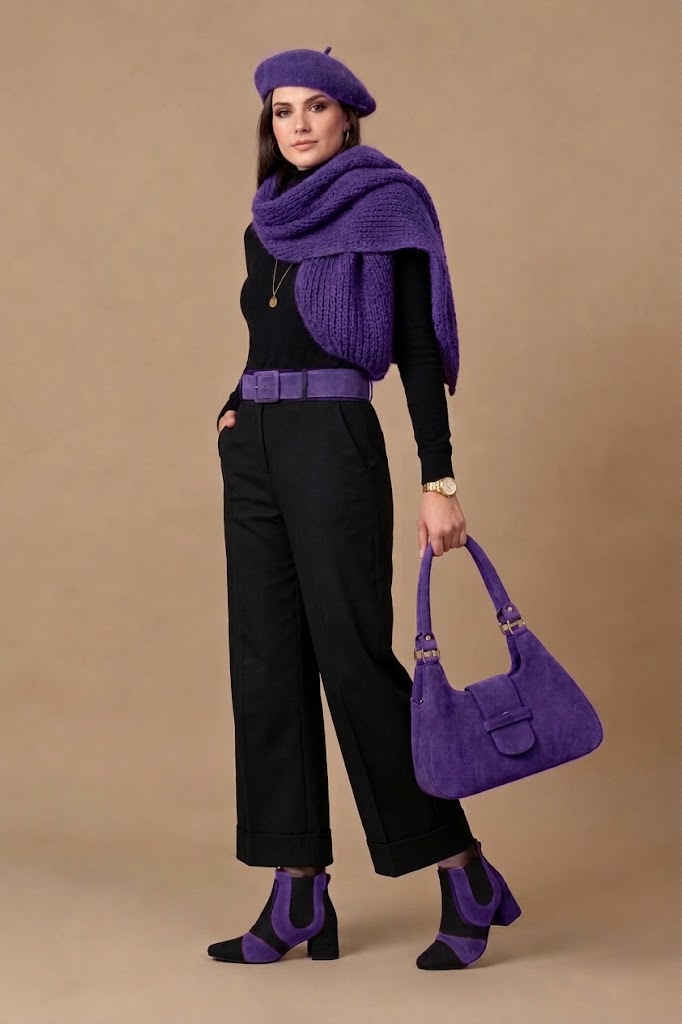 Women's pitch black and violet two-tone chelsea boots with round toe and low flared heel - Top view